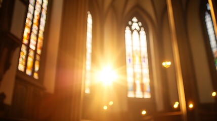 Aufkleber - Beautiful golden sunlight streaming through stained glass windows in a cathedral : Generative AI