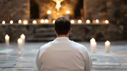 Aufkleber - Contemplative Individual Sitting in a Quiet Church Setting Surrounded by Candles Creating a Mood of Reflection : Generative AI