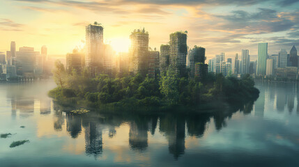 Wall Mural - Overgrown city island, calm water, sunrise, nature reclaiming urban landscape, environmental concept. Serene Apocalypse. Illustration