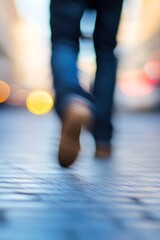 Poster - Person Walking on Cobblestone Street in Vibrant City Lights Creating a Soft Blurry Effect : Generative AI