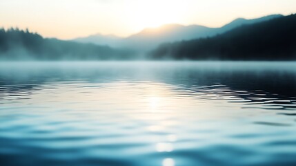 Canvas Print - Serene landscape view of misty mountains at sunrise reflecting on calm water surface : Generative AI