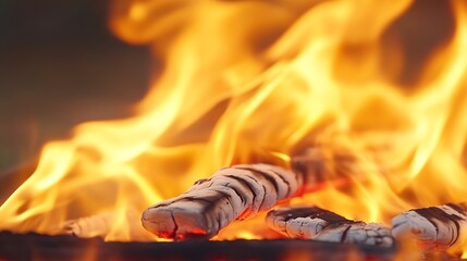 Aufkleber - Close-up of Flames from Burning Wood in a Fire for Cooking and Warmth : Generative AI