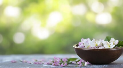 Wall Mural - Delicate White and Pink Flowers in a Wooden Bowl Surrounded by Soft Green Bokeh : Generative AI