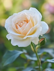 Poster - Beautiful Cream Rose Blooming in a Garden Surrounded by Lush Green Foliage in Soft Natural Light : Generative AI