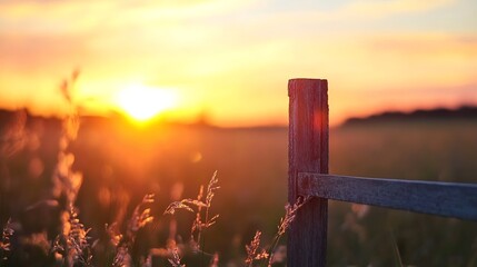 Aufkleber - Wooden Fence Post at Sunset Illuminated by a Soft Glowing Light in a Scenic Landscape : Generative AI