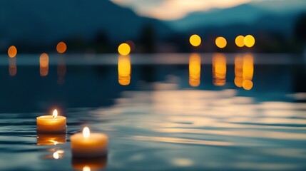 Fototapete - Serene Floating Candles on Water Surface with Soft Bokeh Background for Relaxation : Generative AI