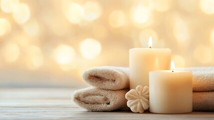 Poster - Relaxing Scene with Soft Candles and Cozy Towels for a Spa Experience : Generative AI