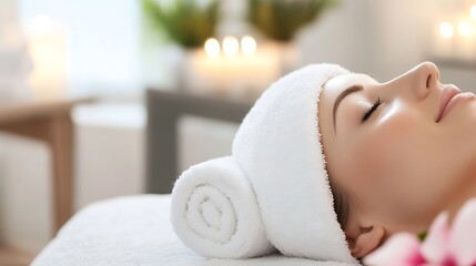 Aufkleber - Woman Enjoying Spa Treatment with Towel Wrapped on Head and Relaxing : Generative AI