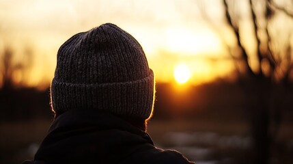 Poster - Person wearing a knitted hat watching a sunset creating a reflective and contemplative mood : Generative AI