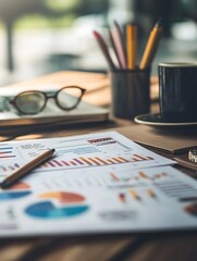 Poster - Business workspace with financial reports, charts, coffee cup and stationery for productivity : Generative AI