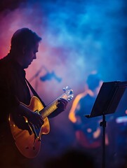 Poster - Live Music Performance with Guitarist Silhouette in Colorful Atmosphere : Generative AI