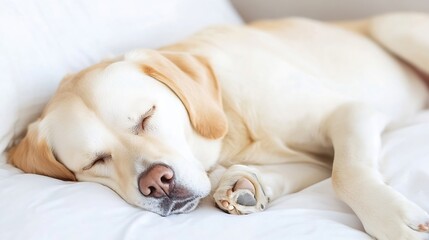 Poster - Lazily Sleeping Labrador Retriever Enjoying Comfort on Soft White Bed : Generative AI