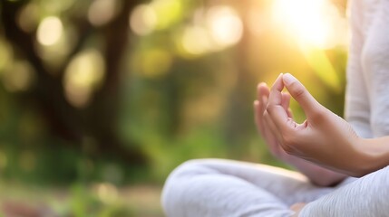 Poster - Peaceful individual meditating outdoors in nature with sunlight shining through leaves : Generative AI