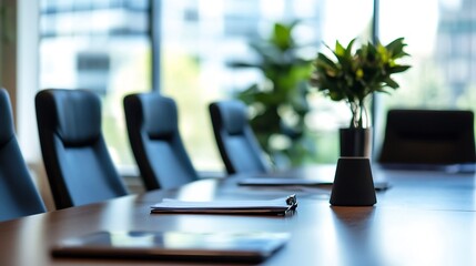 Aufkleber - Modern Conference Table with Papers and Plants in Bright Office Environment : Generative AI