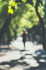 Poster - Serene blurred image of a woman walking through a green leafy pathway in summer : Generative AI