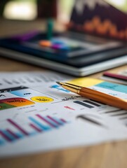 Poster - Office Desk with Business Charts and a Pen on Paper with Digital Tools : Generative AI