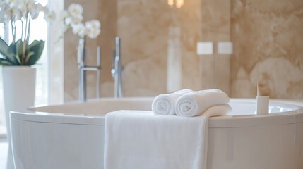 Aufkleber - Elegant Bathroom Spa Setting with Rolled Towels and Orchids : Generative AI