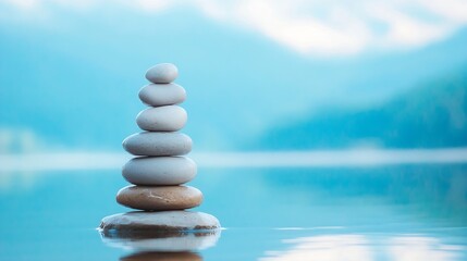 Poster - Serene Stacked Stones Reflecting Tranquil Waters in a Peaceful Nature Setting : Generative AI