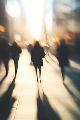 Poster - Blurred silhouettes of people walking on city street in sunlight creating abstract urban scene : Generative AI