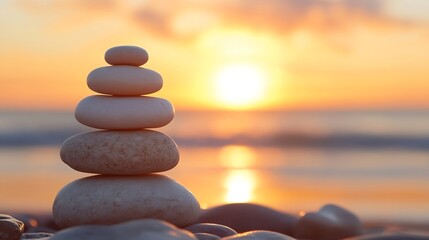 Poster - Spiritual stack of smooth pebbles on the beach at sunset reflecting inner peace and harmony with nature : Generative AI
