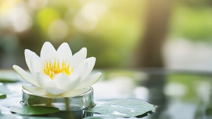 Poster - Delicate White Lily on Water Surface Surrounded by Green Leaves : Generative AI