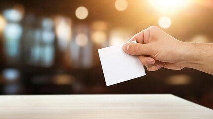 Poster - Hand Holding Blank White Card Against Dull Background with Soft Bokeh Lights : Generative AI