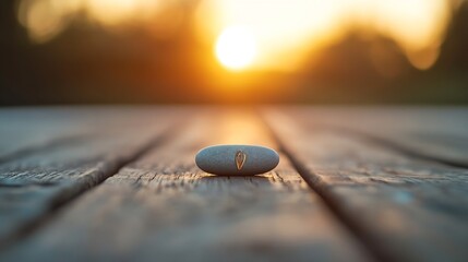 Aufkleber - Minimalistic close-up view of a smooth stone on wooden surface during sunset : Generative AI