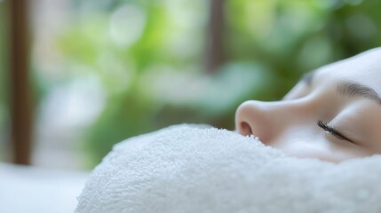 Aufkleber - Relaxing woman with closed eyes lying on white towel amidst green plants for wellness and spa content : Generative AI