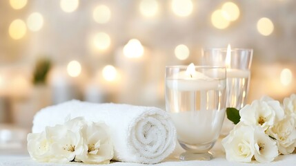 Aufkleber - Relaxing Spa Candle Setup with White Towels and Elegant White Flowers in Blurred Background : Generative AI