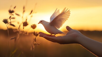 Poster - Dove in Hand at Sunset Symbolizing Peace and Freedom : Generative AI
