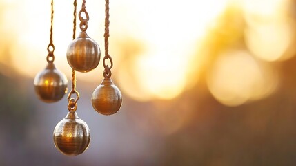 Leinwandbilder - Hanging pendulums reflecting sunlight against a soft blurred background for artistic designs : Generative AI
