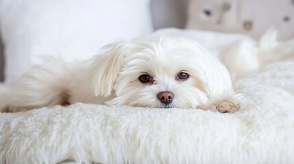 Poster - Cute fluffy white dog resting on cozy soft blanket in bright airy room with serene ambiance : Generative AI