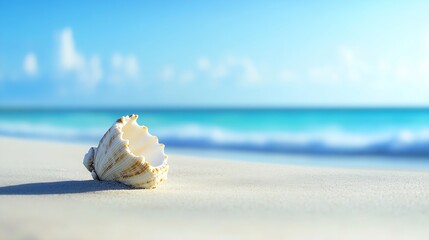 Canvas Print - Seashell resting on a sandy beach with vibrant blue ocean and a bright sky : Generative AI