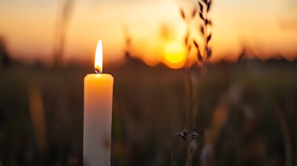 Poster - Warm Ambient Light from a Candle at Sunset with Nature Background : Generative AI