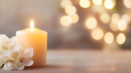 Aufkleber - A glowing candle surrounded by delicate flowers and a dreamy diluted bokeh background creating a relaxing ambiance : Generative AI