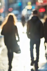Poster - Blurry City Scene with Silhouettes of People Walking : Generative AI