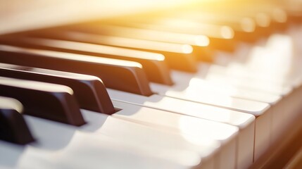 Poster - Close up of piano keys glistening under warm sunlight creating a serene atmosphere : Generative AI
