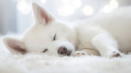 Poster - Adorable white puppy sleeping peacefully on a soft fluffy blanket surrounded by warm light : Generative AI