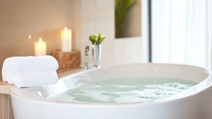 Poster - Relaxing Spa Bathroom with Bathtub Soothing Water and Soft Towels for a Tranquil Escape : Generative AI