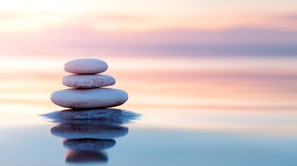 Aufkleber - Serene stack of smooth stones on water surface reflecting soft pastel hues of dawn symbolizing balance and calmness : Generative AI