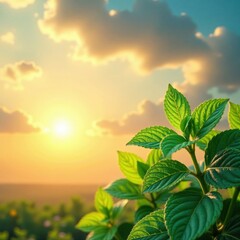 Wall Mural - Vibrant fresh mint leaves against a warm summer sunset background with soft brushstrokes and textured strokes, colorful, foliage, vibrant