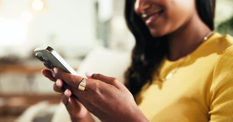 Aufkleber - Texting, phone and hands of woman in home on social media for website and flirting on weekend. Chilling, technology or female person with mobile message on sofa for typing, chat and online dating app