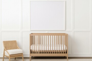 Poster - Minimalist nursery interior featuring a wooden crib and a chair, ideal for new parents seeking elegant and calming designs for their baby s room