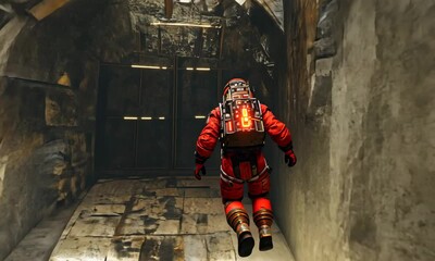 Wall Mural - astronaut in red suit floating through gloomy science fiction corridor with ai generated.