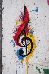 Aufkleber - Black treble clef painted on white wall with dripping red yellow blue paint splatters