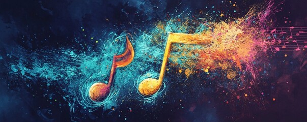 Aufkleber - Vibrant music notes bursting with dynamic energy against a dark backdrop