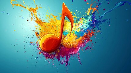 Aufkleber - Large red music note exploding with colorful paint splatter on a blue background
