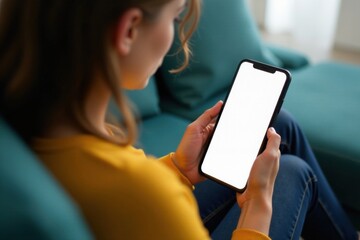 Wall Mural - Woman sitting on couch with mobile phone in hand, staring at blank screen, focus, workspace, contemplation