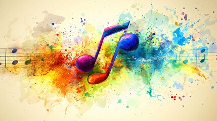 Aufkleber - Music notes are exploding with color on a beige background with music staffs