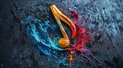 Aufkleber - Colorful eighth note exploding with blue, orange and red paint splatter on a dark textured background, representing music and creativity